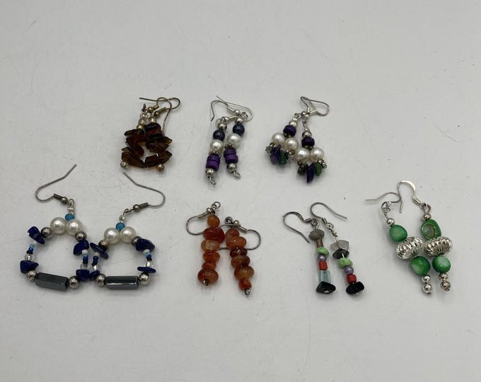 Vtg Estate Lot Of 7 Beaded Stone Dangle French Hook Earrings Stunning!