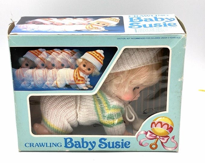 Vintage Crawling Baby Susie Doll NIB Battery Operated Vinyl Head Rooted Hair