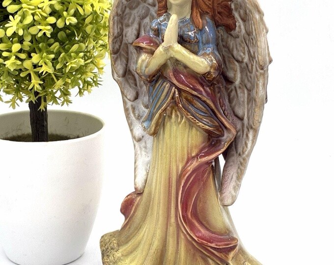 Ceramic Praying Angel Figurine 7 Inch Reactive Glaze Matte Wings