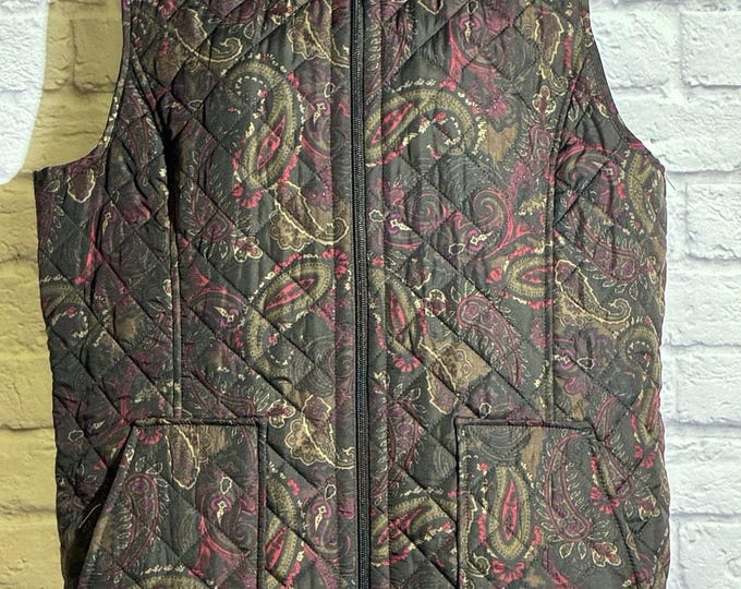 J. Jill Heritage Quilted Vest Large Paisley Brown Burgundy Zip Front Pockets