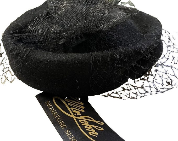 Mr John Signature Series NWT Black Pillbox Hat Wool Veil Netting Beads