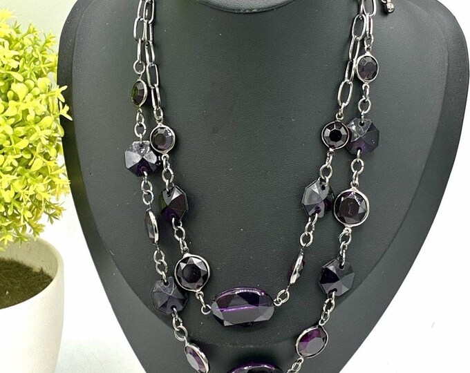 Vintage Signed Robert Rose Double Strand Purple Faceted Bead Statement Necklace