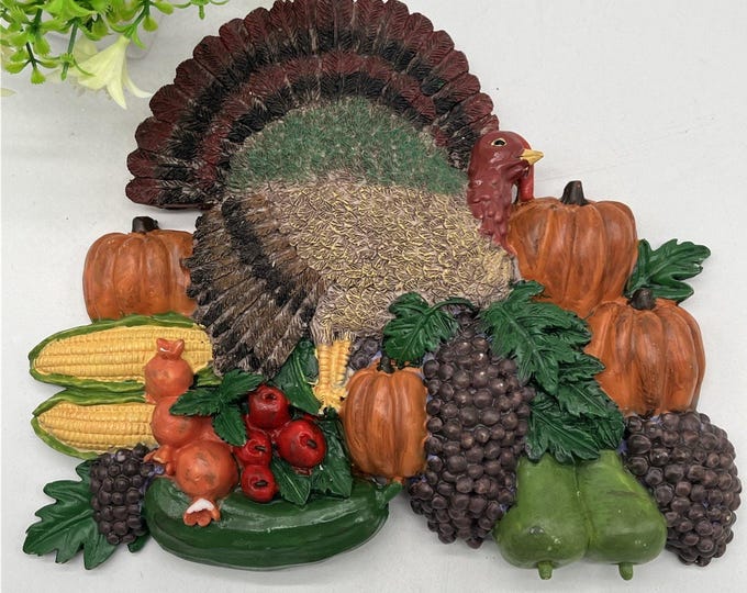 Vintage Hand Painted Turkey Harvest Fall Wall Hanging Heavy 10”x8”