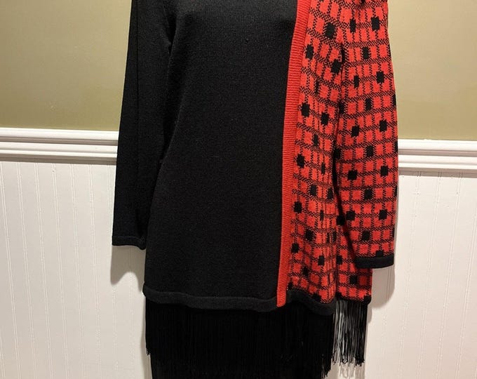 Vintage Lillie Rubin 2pc Skirt Sweater Set Black Red Checked Fringe Mock Scarf 8