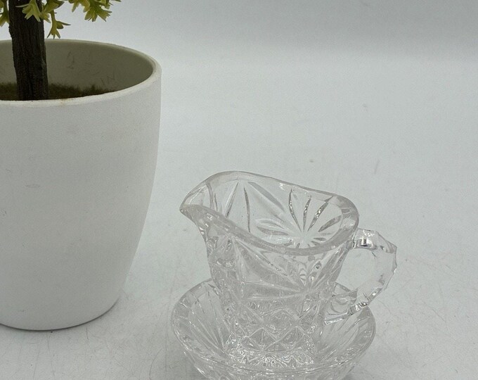Miniature Pressed Clear Glass Creamer Open Sugar Bowl Set Star Pattern Vintage