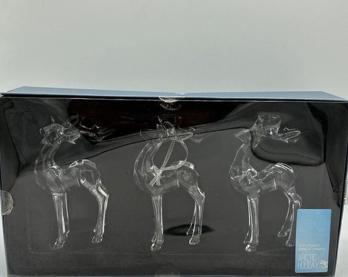 Arctic Holiday Set 3 Clear Acrylic Reindeer Christmas Ornaments 5” Boxed