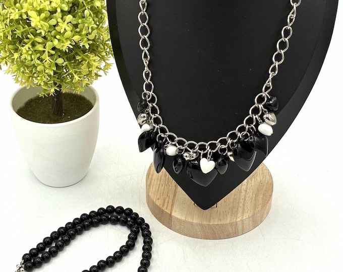 Lot 2 Black White Heart Statement Necklaces Beaded Charm Pendant