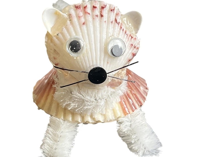 Vintage Seashell Cat Figurine Folk Art Novelty Beach Souvenir 2.5"