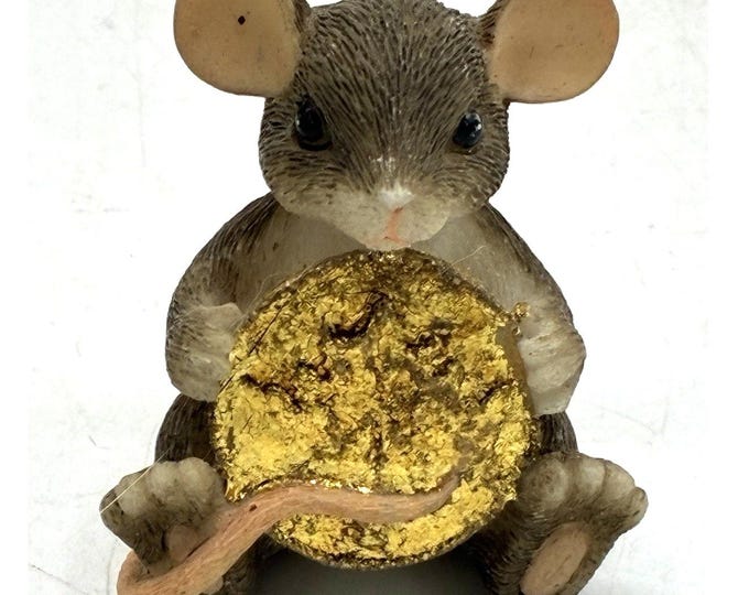 Vintage Resin Mouse Brooch Holding Gold Coin Figural Pin Cottagecore Whimsical