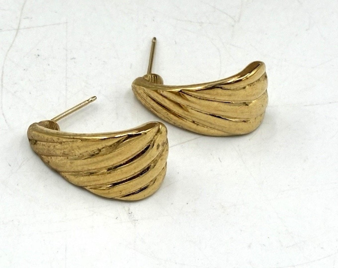 Vintage Monet Gold Tone Ridged Half Hoop Post Earrings Bold 80s Signed