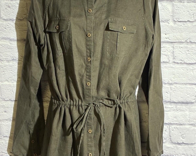 Saks Fifth Avenue Womens M 100% Linen Tunic Olive Safari Drawstring Waist NWT
