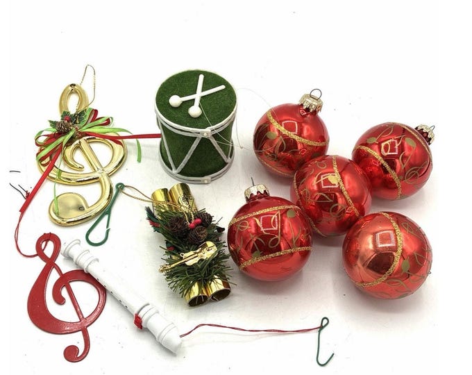 Vintage Musical Christmas Ornament Lot 10 PieceTreble Clef Drum Glass Balls