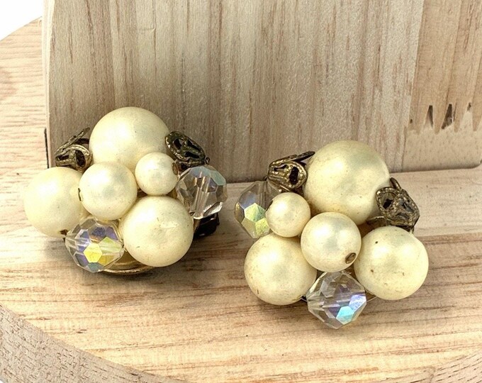 Vintage Faux Pearl AB Crystal Cluster Clip Earrings Gold Tone Bead Caps
