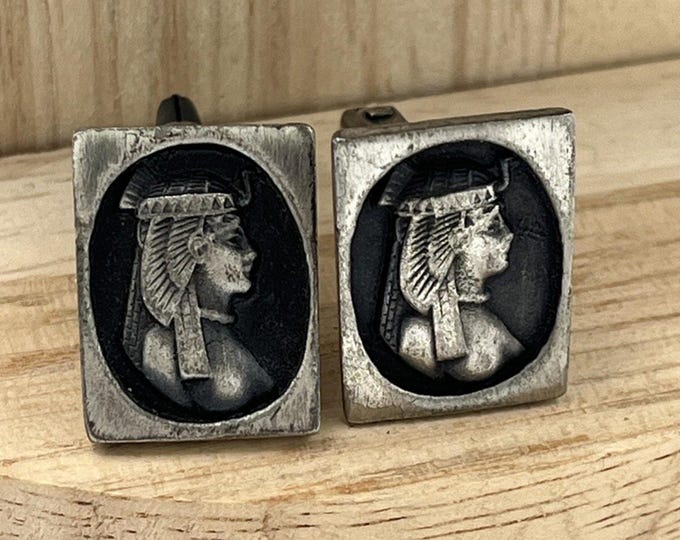 Vintage Figural Egyptian Black Silvertone Metal 3D Cuff Links AS IS
