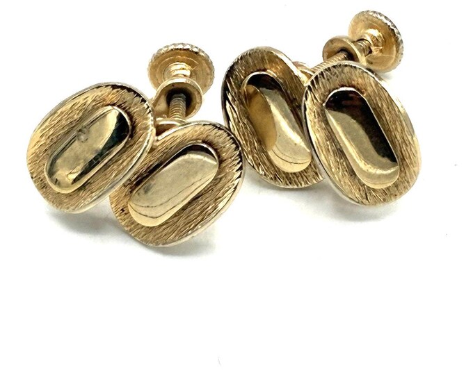 Vintage Gold Tone Screw Back Earrings Double Oval Textured Cluster