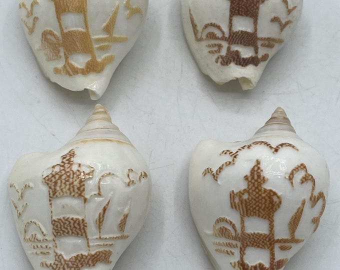 Set Of 4 Vintage Sea Shell with Engraved Lighthouse Birds Sun Set Design AMAZING