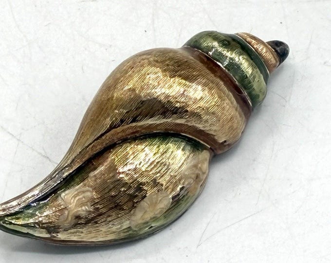 Vintage Enamel Conch Shell Brooch Gold Green Brown Iridescent Nautical 3 Inch As Is Repair