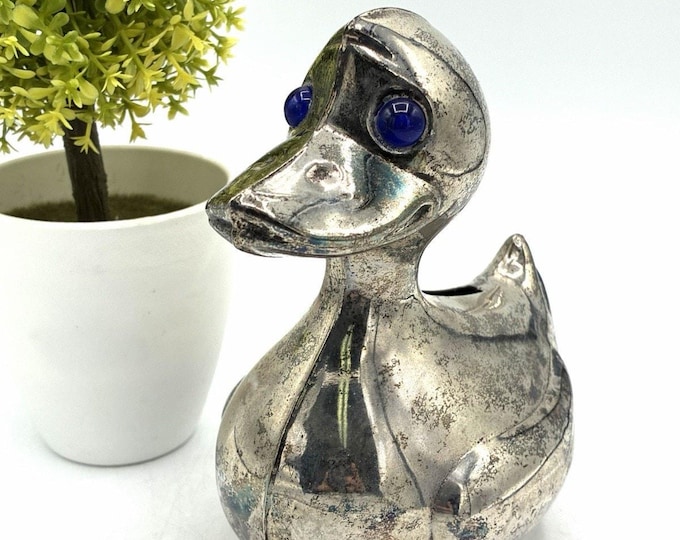 Leonard Plate Silver Plated Duck Coin Bank Cobalt Blue Glass Eyes Italy Vintage