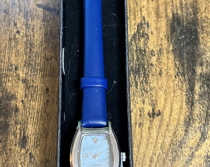 Avon 2007 Genuine Diamond Accent Leather Strap Watch - Navy Blue *NEW