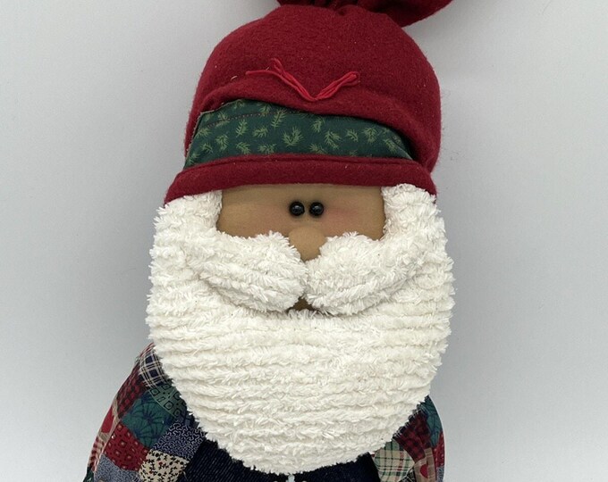 Primitive Folk Art Weighted Santa Claus Doll Patchwork Quilt Chenille Beard 15"
