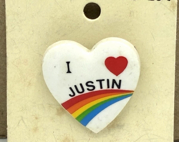 Vintage I Love Justin Rainbow Name Pin NOS Golden M Taiwan Heart Novelty