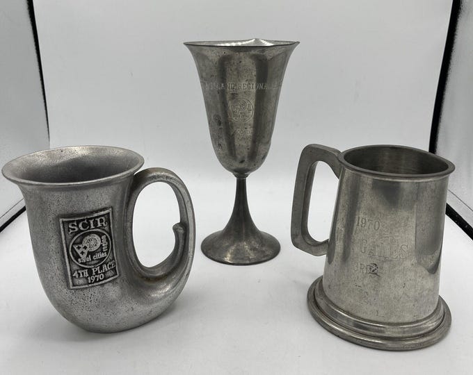 Lot Of 3 1969/1970 Vintage Pewter Goblet Horn Mugs Tavern Tankards