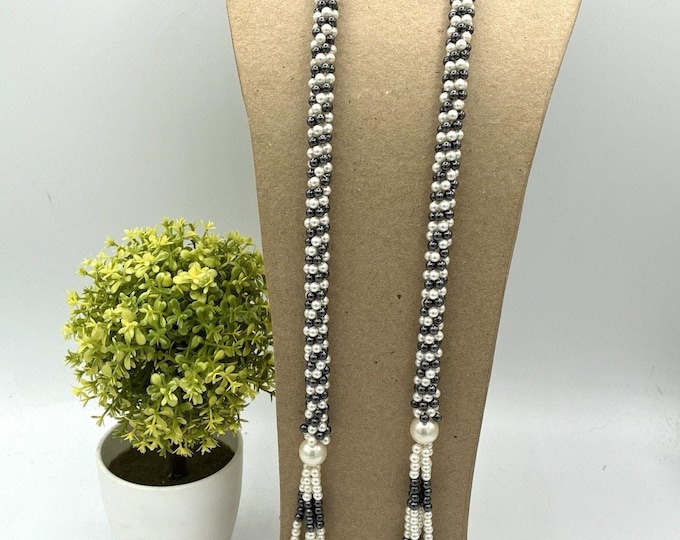 Vintage Black White Faux Pearl Woven Lariat Tassel Necklace Long 28 Inch