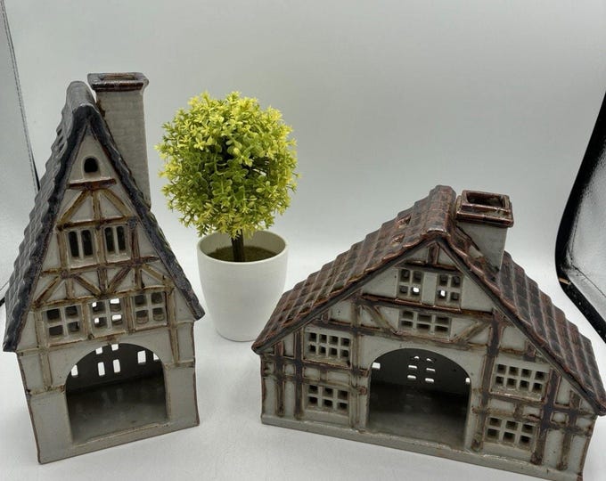 Vintage Portugal Stoneware Tudor House Tea Light Holders Set of 2