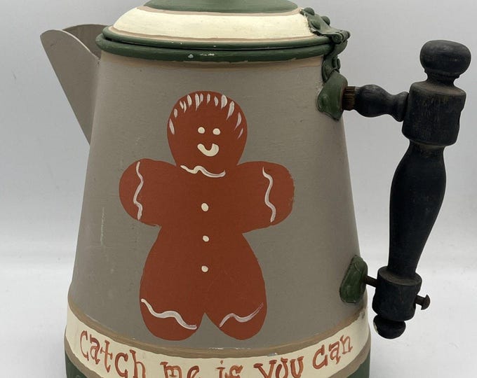 Antique Aluminum Wood watering Can Vintage Hand Painted W Gingerbread Man
