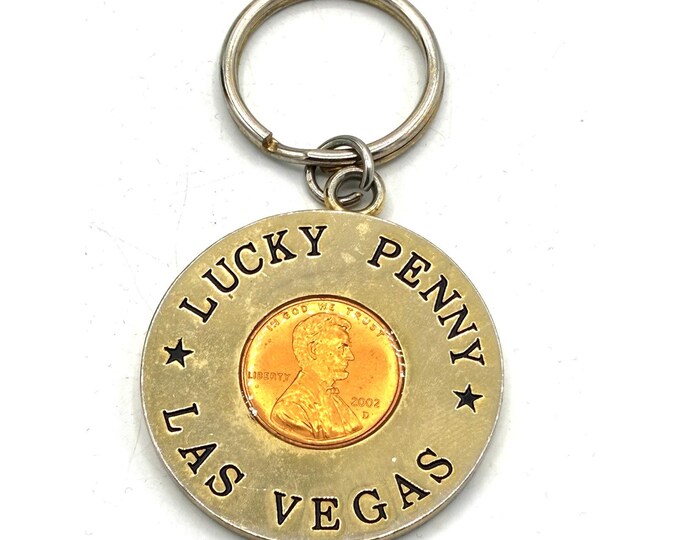 Las Vegas Lucky Penny Keychain 2002 Lincoln Cent Souvenir Gold Tone Metal