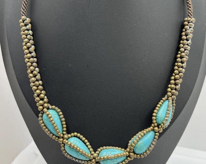 Boho Faux Turquoise Teardrop Necklace Antiqued Brass Beaded Artisan 18”