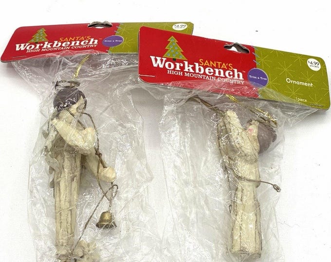 Vintage 2003 Santas Workbench Musical Angel Christmas Ornaments Rustic NOS Set of 2