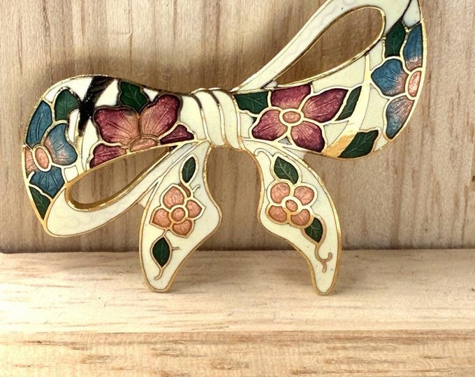 Vintage Cloisonne Enamel Bow Brooch Cream Floral Pink Blue Gold Tone Pin
