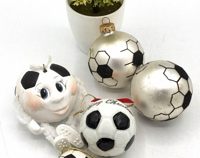 Vintage Soccer Ball Christmas Ornament Lot 5pc Glass Ceramic Sports Theme