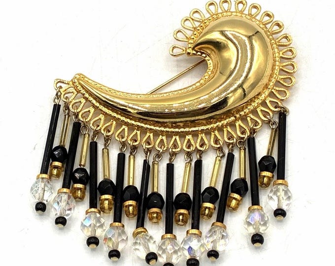 Vintage Robert Rose Paisley Brooch Gold Tone Beaded Fringe Statement Pin