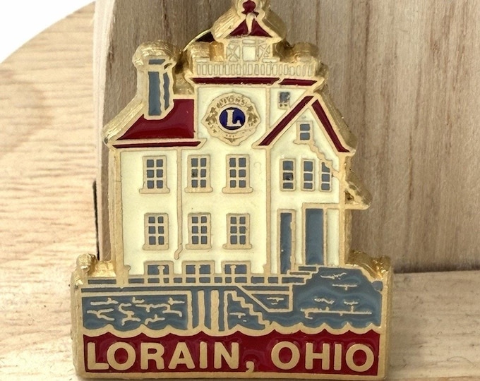Vintage Lorain Ohio Lions Club Building Enamel Lapel Pin Gold Tone Souvenir