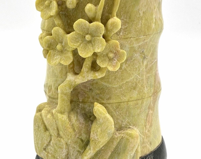 Vintage Chinese Carved Soapstone Brush Pot Vase Bird Flowers Made in China