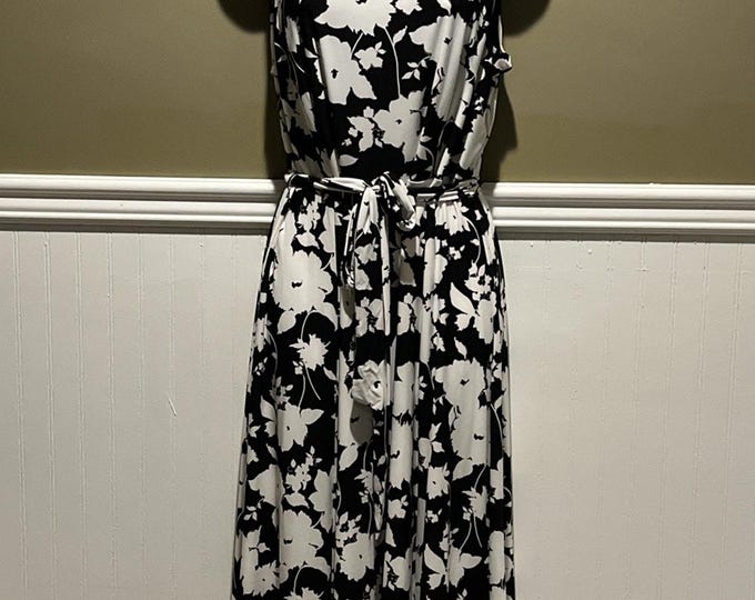 Anne Klein Black White Floral Belted Stretch Dress Sz 8 NWT Classic Workwear