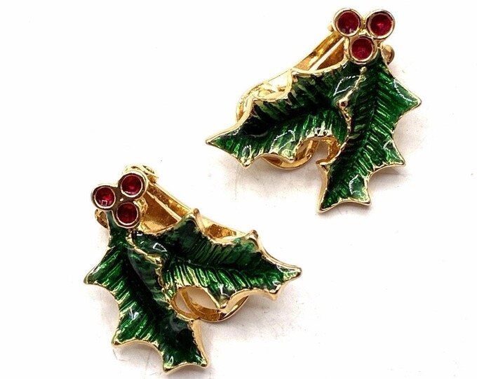 Vintage Holly Berry Clip On Earrings Green Enamel Red Rhinestone Christmas 1”