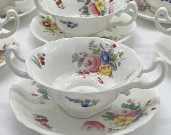 Vintage Royal Britannia China Floral Double Handle Cups Saucers Set of 12