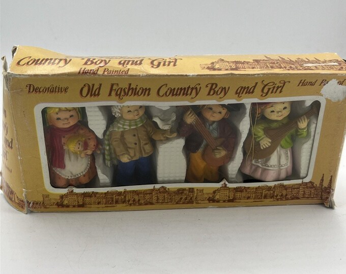 Vtg Old Fashion Country Boy Girl Hand Painted Ornaments 4 Original Box Hong Kong