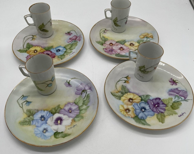 RARE Set Of 8 Hand Painted Floral Plates And Cup Set E Begley Signed Vintage