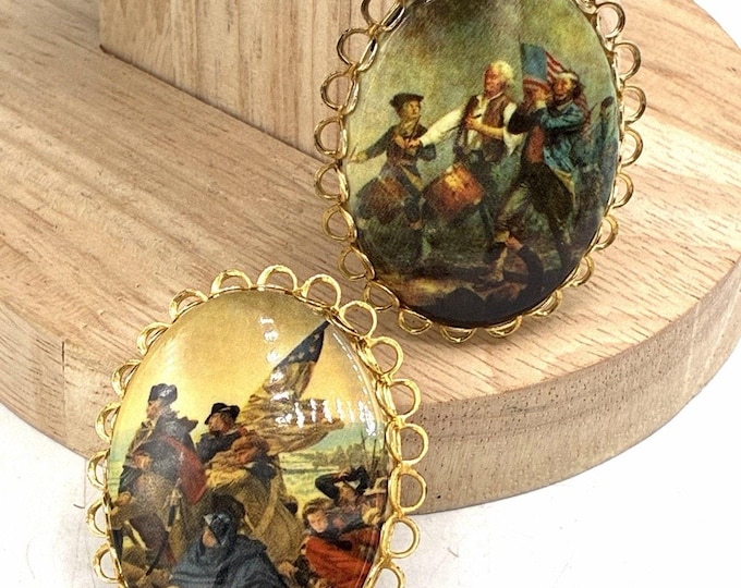Vintage Revolutionary War Cameo Brooch Lot of 2 Colonial American Scene Pins