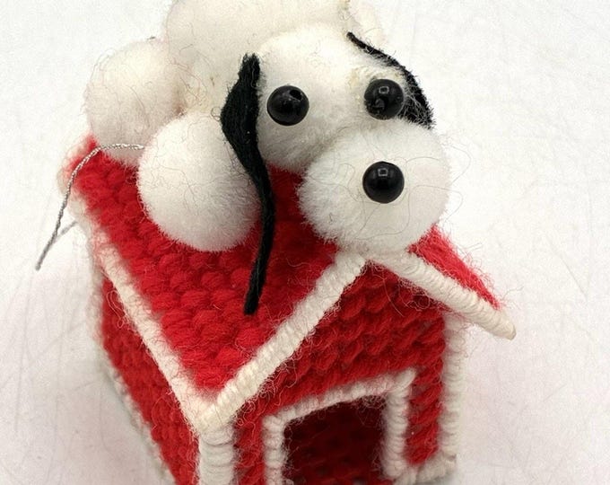Vintage Dog on Red House Christmas Ornament Yarn Felt Handmade Style 3in