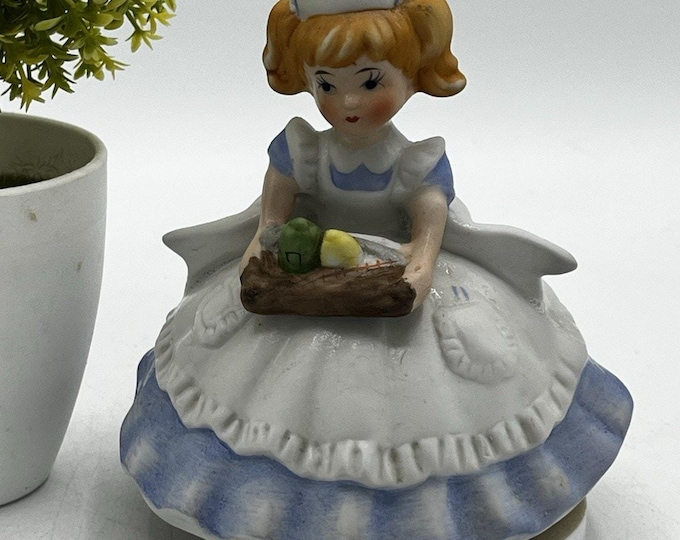 Vintage Ceramic Girl Music Box Figurine Blue Dress Basket Porcelain 1960s