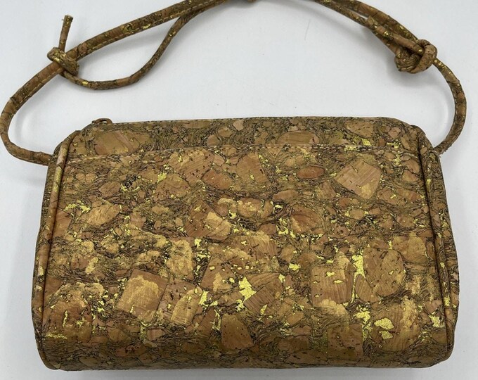 Vintage 90s J Renee Shoulder Bag Cork Print Gold Sparkles Tan 9x6” NEW FLAW READ