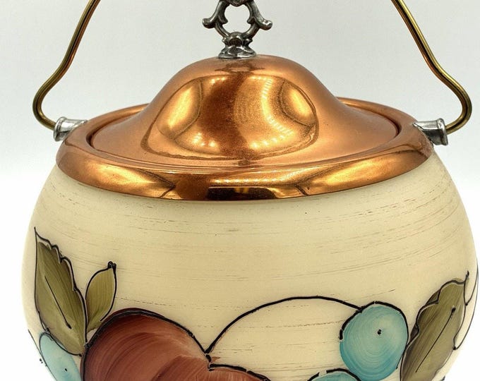 Hand Painted Fruit Biscuit Barrel Copper Lid Brass Handle Antique Cookie Jar