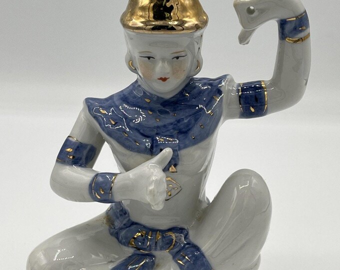 Vintage Thai Siamese Porcelain Temple Dancer Figurine Hand Painted Blue Gold 6x4.5"