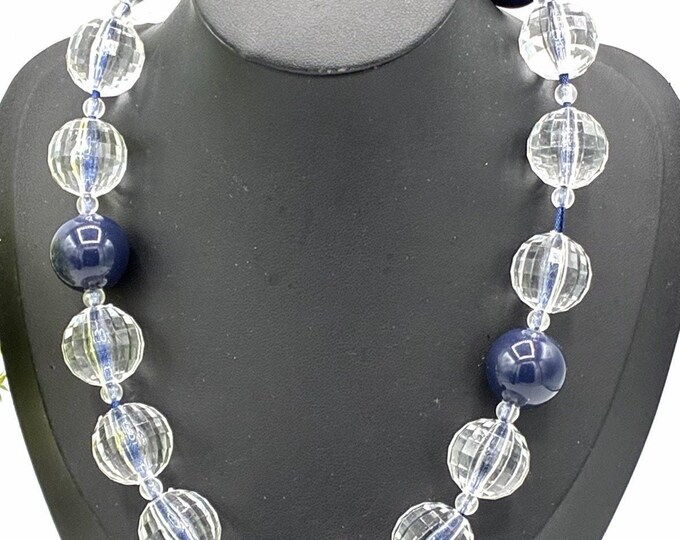 14” Navy Blue Clear Faceted Bead Ribbon Tie Necklace Statement Jewelry