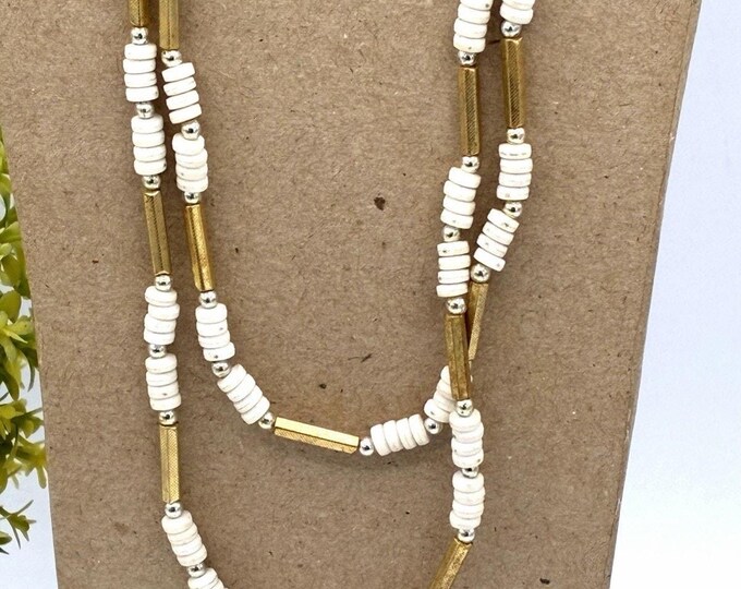 Vintage White Disc Heishi Bead Gold Tube Silver Spacer Long Necklace 42 Inch